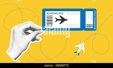 Flugkarte in weiblicher Hand Collage. Reisekonzept, Flugzeugflug. Horizontaler Flyer in gemischten Medien, einschließlich handgezeichnetem und Halbton Stock Vektor