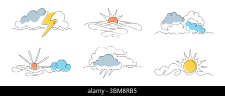 Vektorkritzelkunst durchgehend einzeilige Sonne, Wolken, Gewitterwolke und Blitz, Regen. Lineare Silhouette mit Sommersymbolen. Einzelne dünne Konturen von Wettersymbolen oder Naturelementen auf weißem Hintergrund Stock Vektor