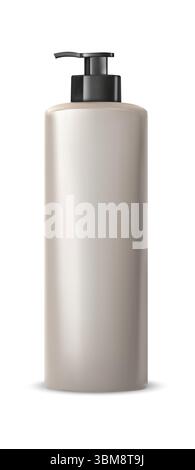 Elegante beige Pumpenflasche mit schwarzem Spender, ideal für Verpackungen von Kosmetik-, Hautpflege- und Hygieneprodukten. Stock Vektor