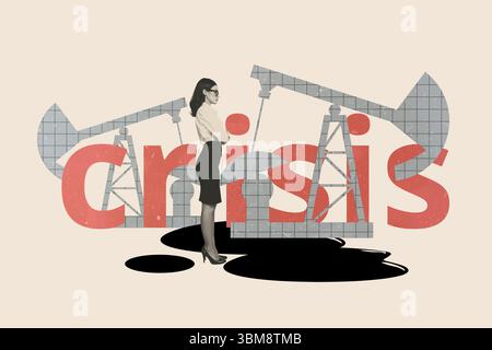 3D-Foto-Collage Vorlage Trend-Artwork Composite aus Erdöl Krise Brennstoff Ressourcen Geschäftsfrau Stand Krise Industrie Reduzierung Öl Stockfoto