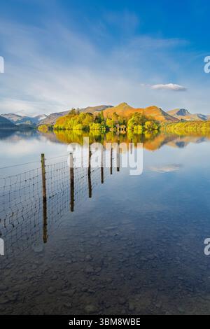 Morgensonne am Derwentwater mit herrlichem Blick auf Derwent Isle & Catbells im Lake District National Park, Großbritannien. Stockfoto