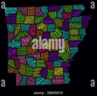 Wortwolken Der Regionen Von Arkansas. Helles typografisches Design auf dunklem Hintergrund. Die Namen der Region Arkansas kennzeichnen Wolken. Begrenzungsform. Stock Vektor