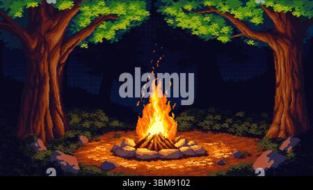 Pixelkunstszene eines Nachtwaldes mit einem hellen Lagerfeuer. Stilisierte Outdoor-Illustration mit Bäumen und glühendem Feuer im Dunkeln. Stock Vektor