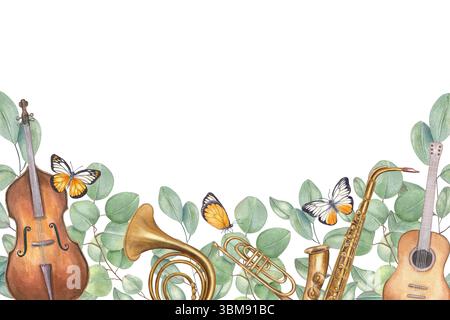 Horizontaler Aquarellrahmen mit Musikinstrumenten und Eukalyptuszweigen. Saxophon, Gitarre, Kontrabass, Horn und Grün Stockfoto