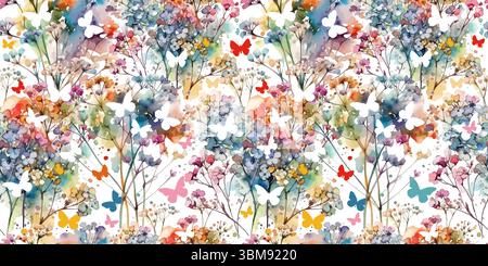 Nahtloser Hintergrund von farbigen Blumen mit Schmetterlingen. Handgezeichnet. Nicht AI, Vektorillustration Stock Vektor