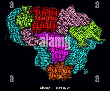 Litauen Regionen Wortwolken. Helles Neondesign auf dunklem Hintergrund. Gebietsnamen des Landes in litauischer Sprache. Stock Vektor