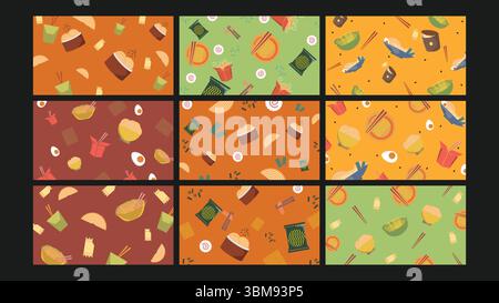 Asiatische Nudeln Hintergrund Set Stock Vektor