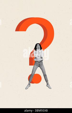 Pop-kreative Collage von Person springen Schock nahe Fragezeichen auf pastellfarbenen Hintergrund Stockfoto