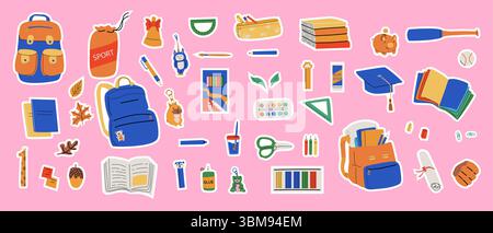 Farbenfrohe Aufkleber für Schulbedarf für Bildungs- und kreative Projekte. Stock Vektor