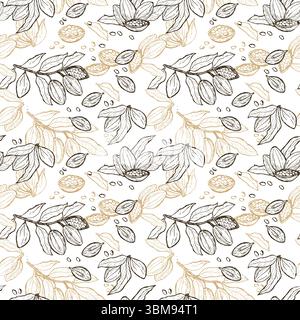 Kakaobohnen zeichnen ein nahtloses Muster für Textil- und kulinarisches Design. Stock Vektor