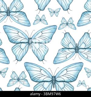 Nahtloses tropisches Muster mit fliegenden abstrakten blauen Schmetterlingen isolierten Hintergrund. Handgemalte Insekten Aquarellillustration. Monochrom für den Sommer Stockfoto