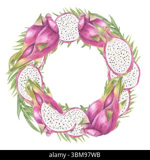Rosa pitaya und Palmblätter Aquarellkranz isolierter Hintergrund. Tropische Komposition mit leerer Mitte für Text. Für exotische Hochzeitseinladungen Stockfoto