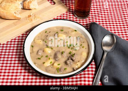 Hühnerpaprikash serviert mit Kartoffeln, Knödeln und Schnittlauch in einer Emailschüssel auf einer roten karierten Tischdecke mit Brot und einem Getränk Stockfoto