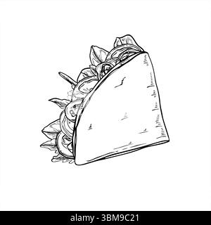 Runde Tortilla mit Gemüsefüllung, gefaltet in Vierteln Vektorillustration gemalt von schwarzen Tinten. Street Fast Tortilla Wrap Essensätzzeichnung Stock Vektor