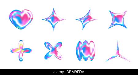 3D Y2K Chromsymbole mit Sternen, Herzen, Schneeflocken und fließenden Formen. Holografische Silberelemente mit glänzendem Glanz und verlaufendem Glanz. Abstraktes futuristisches Vektorset mit irisierender Wirkung. Stock Vektor