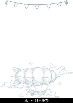 Vertikale Vektor-Illustration eines Vintage-dirigiablen zwischen Wolken und Girlanden. Lineare Zeichnung eines Vintage-Luftschiffes mit Sternen für Babyplakate in pastellblauen Farben. Die Kunst des Retro-Blimp. Stock Vektor
