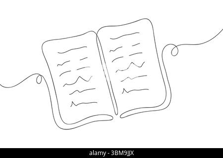 Öffnen Sie das Buch im Line Art Stil. Vektorillustration einer durchgehenden Linie mit Schulbuch, Chronik, Nachschlagewerk und Bibel. Hintergrund für das Lernen, Schulfach. Stock Vektor