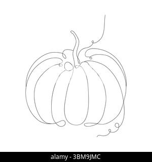 Herbstkürbis, gezeichnet in einer durchgehenden Linie, im Stil der Strichkunst. Designelement für Thanksgiving, Halloween, Postkarten und Einladungen. Minimalistische Umrisszeichnung. Stock Vektor