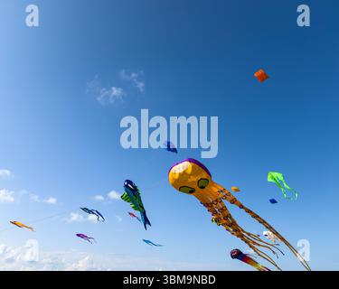 Farbenfrohe Drachenfestspiele in Batumi, Georgia, mit kreativen Designs, die bei einem kulturellen Ereignis am Meer in einem klaren Sommerhimmel fliegen. Stockfoto