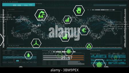 Anzeige von Netzwerk-Fluix auf dunklem Armaturenbrett mit Neon-Hexadezimalsymbolen und numerischen Anzeigen. Technologie, Analyse, Visualisierung, Innovation, Futuri Stockfoto