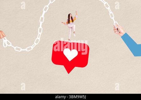 Vorlage Skizze Bild Artwork Collage der Gefangenschaft Geisel Gefangener schuldig Gesetz Verbrechen Hand halten Kette junge Dame Lächeln stehen wie Banner Stockfoto