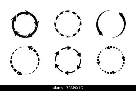 Verschiedene kreisförmige Pfeile in schwarzer Farbe. Pfeilsymbol im Uhrzeigersinn. Abbildung des Pfeilzeichens Vektor Stock Vektor