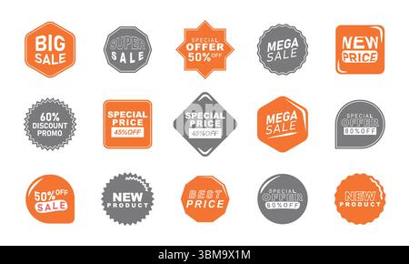 Set mit Rabattetiketten. Qualitätsabzeichen für den Verkauf. Aufkleber Aufkleber Aufkleber Aufkleber Vektorsymbole gesetzt Stock Vektor