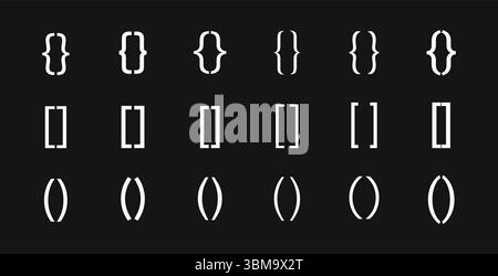 Klammern, Klammern, Klammern Vektorsatz, verschiedene geschweifte Klammern für Design, Codierung und Typografie. Ideales Symbol für Software, Grafikdesign Stock Vektor