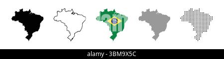 Brasilien Kartenvektor-Symbolgruppe. Silhouette, status, Regionen, Kontur, Flagge, flache, gepunktete Styles. Vektorabbildung Stock Vektor