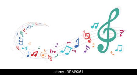 Farbenfrohe Hintergrundmusik. Musiknoten wehen. Vektorabbildung. Stock Vektor