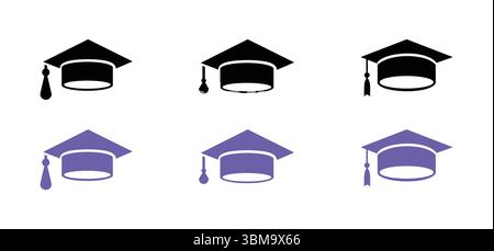 Symbol für Graduierung. Linien- und Glyphenversion, Umriss des Schülerhutes und gefülltes Vektorzeichen. Lineares und vollständiges Piktogramm der akademischen Kappe. Stock Vektor