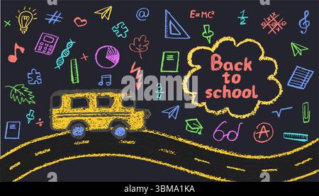 Ein gelber Bus auf einer gekrümmten Straße. Back-to-School-Artikel-Schild mit Schnitzel-Titel und Kindergartenartikel für Kinder im Grunge-Design. Farbenfroher Vektor Stock Vektor