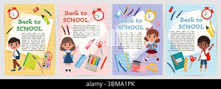 Back to School Flyer oder Poster mit niedlichen Kindern und Schulzubehör. Vektorabbildung in abgewickelter Form Stock Vektor