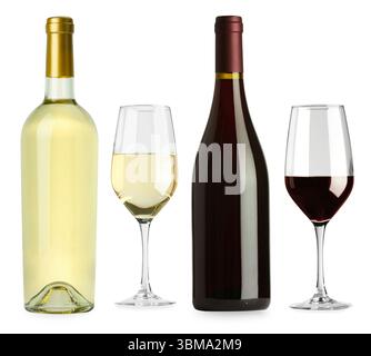 Verschiedene Weinsorten. Flaschen und Gläser isoliert auf weiß Stockfoto
