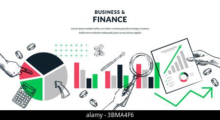 Abstrakte Unternehmensstatistik, Investitions- und Finanzierungskonzept. Dokumente in der Hand, Vergrößerungslinse und Finanzkreisdiagramm. Datenanalyse und Teamarbeit Stock Vektor