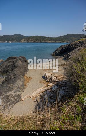 Blick auf den Deception Pass vom North Beach of Deception Pass State Park, Whidbey Island, Washington State, USA. Stockfoto