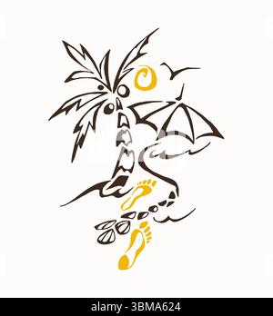 Sommer Urlaub Schriftzug Logo mit Sonnenvektor Illustration. Sommer-Etikett, Tag, Logo, handgezeichnete Schrift für Sommerurlaub, Reise, Strandurlaub Stock Vektor