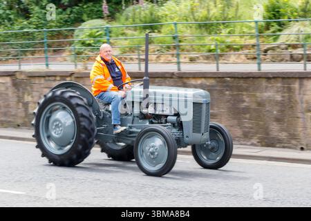Mann mit orangefarbener Jacke, der einen alten grauen Ferguson FE-20-Traktor auf einer Straße mit grünem Laub im Hintergrund fährt Stockfoto