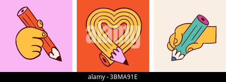 Sammlung von bunten Retro-Bleistiftabbildungen und Kritzeleien Stock Vektor
