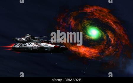 Ein Raumschiff kommt an einer Supernova-Explosion vorbei. Stockfoto
