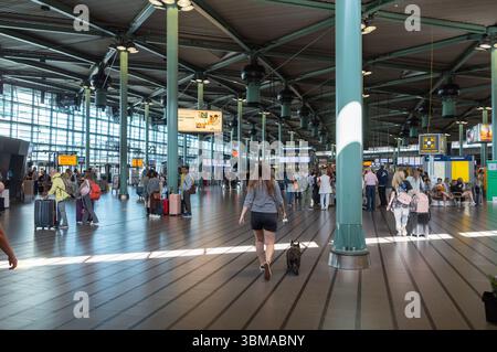 Amsterdam, Niederlande (21. Juni 2025) - geräumiger Flughafenterminal von Schiphol mit hohen Decken, die von grünen Metallsäulen und großen Fenstern gestützt werden Stockfoto