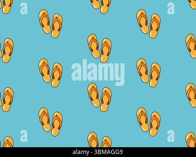 Nahtloses Sommermuster mit gelben Flipflops auf blauem Hintergrund. Strandschuhe im Sommer. Vektor-Hintergrund im Cartoon-Stil. Stock Vektor