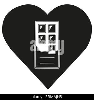 Schokoladenriegel in einem Herzen. Design von Vektorgeräten. Schwarze Hintergrundform. Stock Vektor