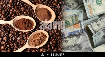 Steigende Kaffeepreise. Geröstete Bohnen und Dollarscheine, doppelte Belichtung. Bannerdesign Stockfoto