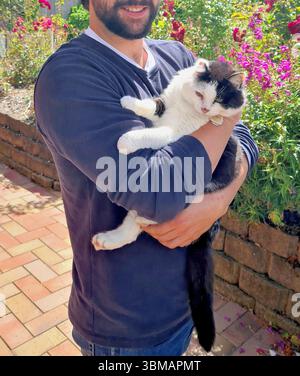 Schwarz-weiße Smoking Hauskatze (Kitty) in den Armen meines Sohnes im Garten voller bunter Blumen Stockfoto