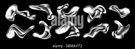 3D-Formen aus flüssigem Chrom und geschmolzenen Silberflecken im futuristischen Y2K-Stil. Abstrakte Metallic-Elemente mit glänzender Textur und fließenden Kurven. Irisierende Formen mit holographischem Fluss und Farbverlauf. Eps Stock Vektor