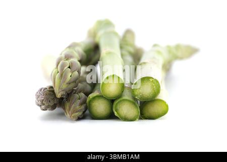 Frische grüne Spargelstangen isoliert auf einem sauberen weißen Hintergrund. Das Bild zeigt die natürliche Textur und Frische des Gemüses. Stockfoto