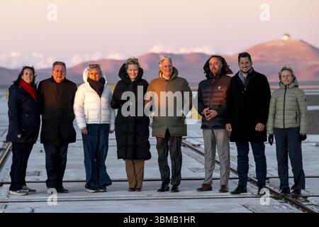 Föderation Wallonien - Brüsseler Ministerpräsidentin Elisabeth Degryse, scheidende Brüsseler Region Ministerpräsident Rudi Vervoort, Minister für öffentliche Modernisierung Vanessa Matz, Königin Mathilde von Belgien, König Philippe - Filip von Belgien, Vize-Premierminister und Außenminister Maxime Prevot, Föderation Wallonien - Brüsseler Minister Adrien Dolimont und flämischer Minister Annick de Ridder, die während eines Besuchs der ESO Paranal Observatory in Chile am 25. Juni 2025 bei einem offiziellen Besuch im belgischen Bundesstaat Chile in marge gezeigt wurden. BELGA FOTO DIRK WAEM Stockfoto