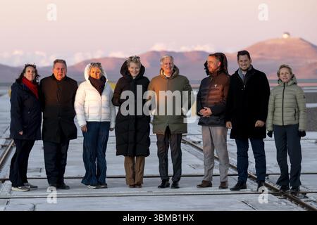 Föderation Wallonien - Brüsseler Ministerpräsidentin Elisabeth Degryse, scheidende Brüsseler Region Ministerpräsident Rudi Vervoort, Minister für öffentliche Modernisierung Vanessa Matz, Königin Mathilde von Belgien, König Philippe - Filip von Belgien, Vize-Premierminister und Außenminister Maxime Prevot, Föderation Wallonien - Brüsseler Minister Adrien Dolimont und flämischer Minister Annick de Ridder, die während eines Besuchs der ESO Paranal Observatory in Chile am 25. Juni 2025 bei einem offiziellen Besuch im belgischen Bundesstaat Chile in marge gezeigt wurden. BELGA FOTO DIRK WAEM Stockfoto