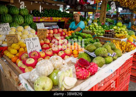 13. Mai 2025: Calapan City, Philippinen, Verkäuferin mit Äpfeln Zitronen Orangen Guavas und Drachenfrüchten auf dem lokalen Markt Stockfoto